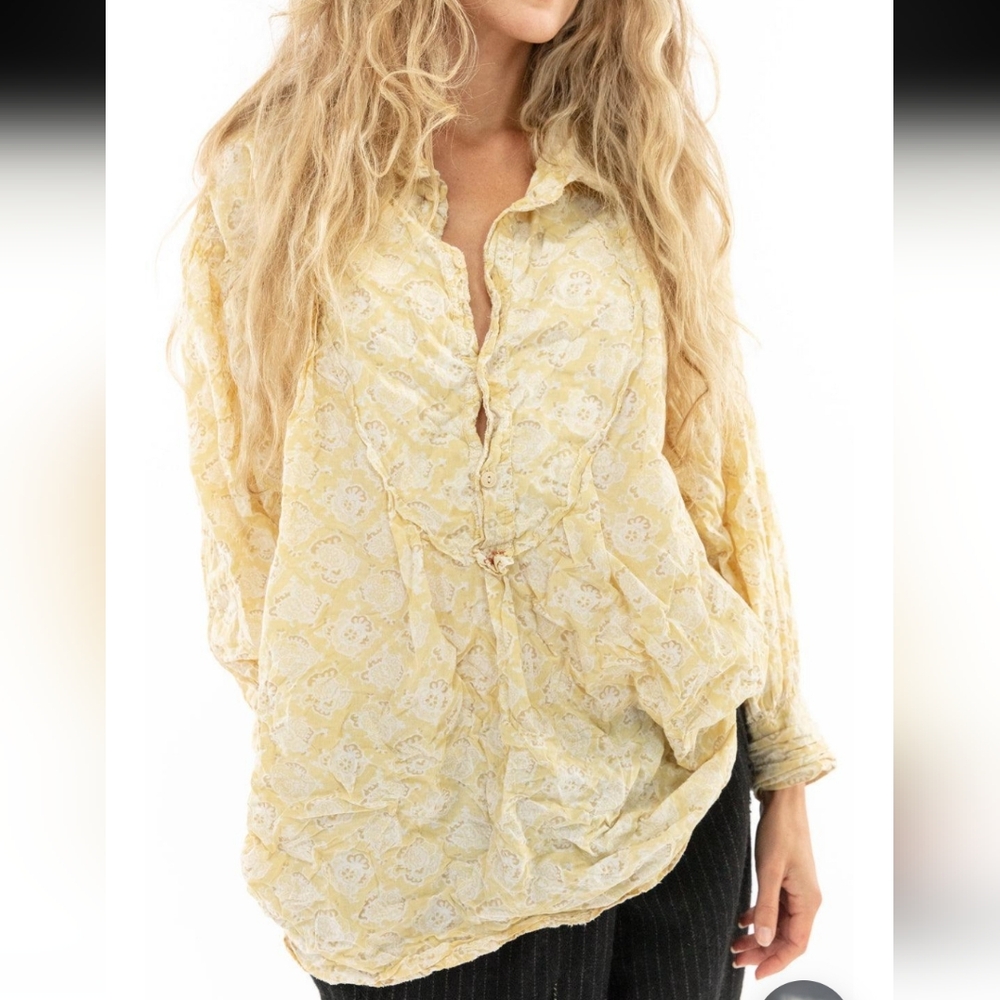 Magnolia Pearl Tora Yellow Floral Boho Oversized Floaty Top One Size ALTERED